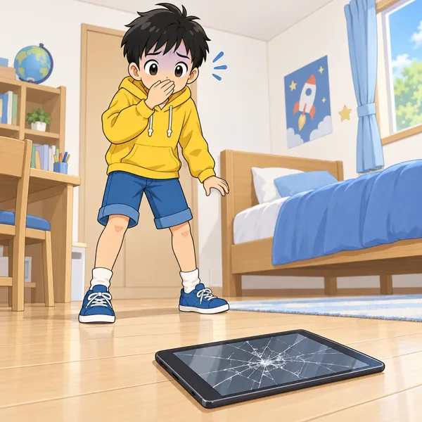 ハルの部屋。ハルがタブレットを床に落としてしまい、画面にひびが入っている