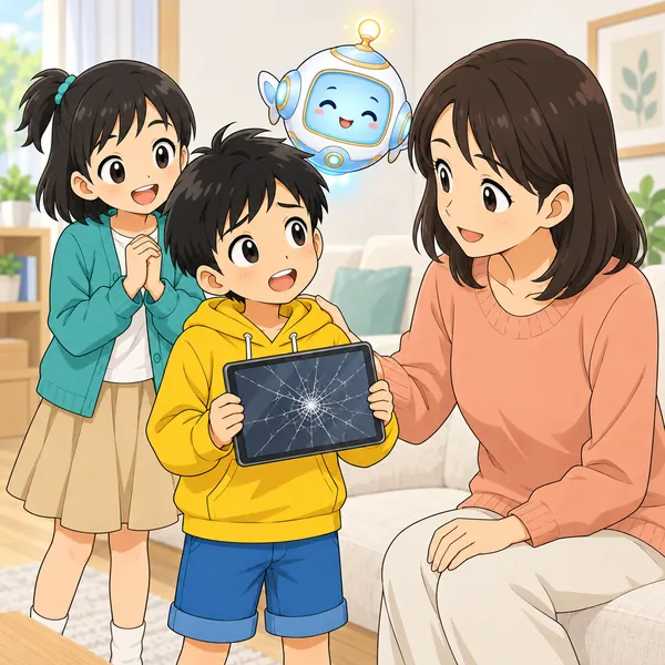 リビング。ハルがやさしい大人（お母さん）にひびの入ったタブレットを両手で見せて、正直に話している
