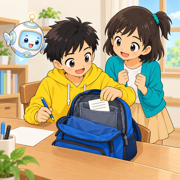 家の机で、ハルが紙のカードに書きこみ、かばんの内ポケットに入れている。