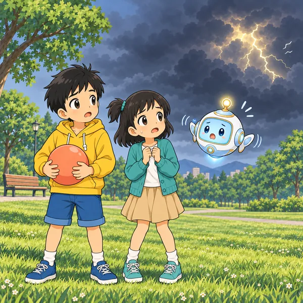 空が暗くなって雲が光り、ミオが不安そうに見上げている。