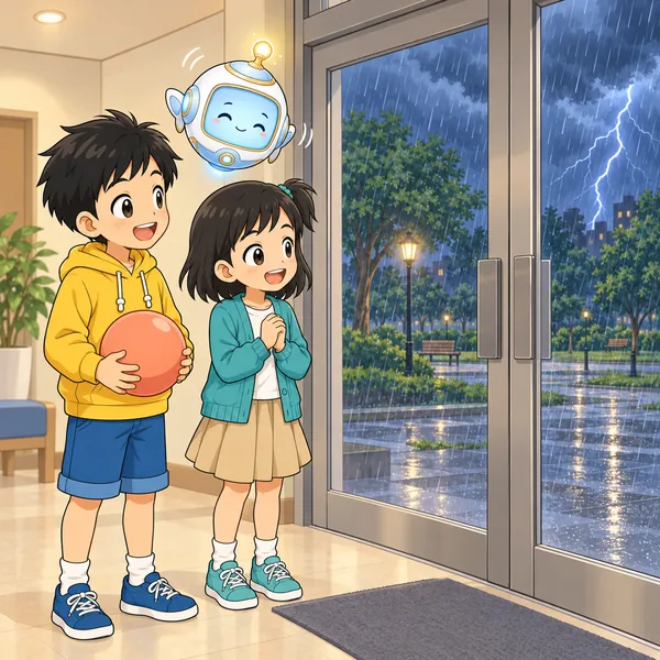 雷雨の外を、建物の入口の中からハルとミオがほっとして見ている。