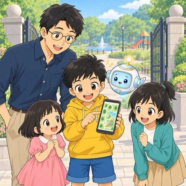 公園の入り口で、ハルがお父さんのスマホの地図を見ている。