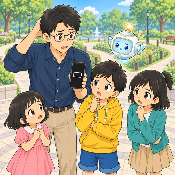 スマホの画面がまっ暗になり、お父さんとハルと妹が困って顔を見合わせている。