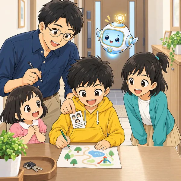玄関で、ハルが紙に行き先の絵地図をかき、お父さんが連絡先の紙をハルのポケットに入れている。