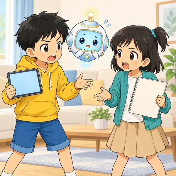 タブレットを持ったハルと紙のノートを持ったミオが言い合い、AIロボットが困っている。
