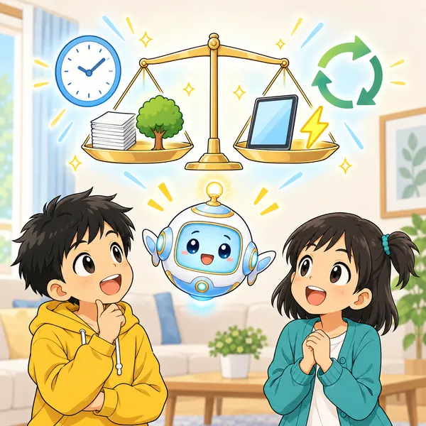 AIロボットが、紙と木、タブレットと電気をのせた天びんの絵をうかべている。