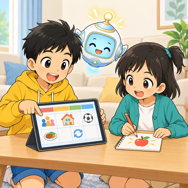 ハルとミオが、予定はタブレット、メモは紙と使い分けて笑顔になっている。