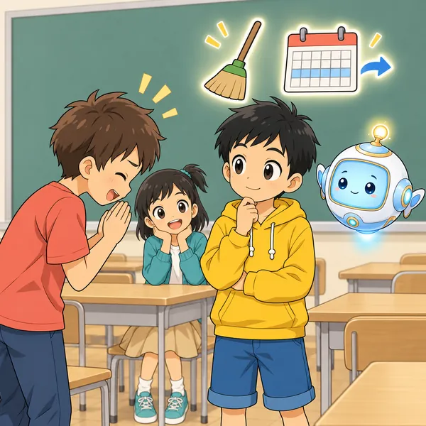 休み時間、友だちに来週の係を代わってと両手を合わせてたのまれている。