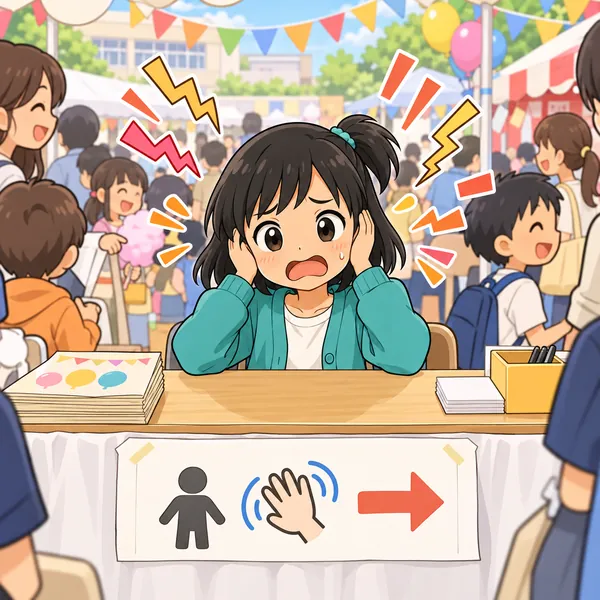 学校のお祭りのにぎやかな受付で、ミオが困った顔をしている。