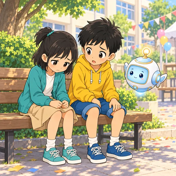お祭りのあと、ベンチでしょんぼりするミオの話を、ハルが聞いている。