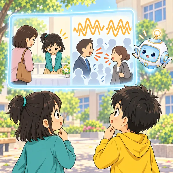 AIロボットが、仕事そのものと、まわりの音や説明を、左右に分けた絵を窓に見せている。