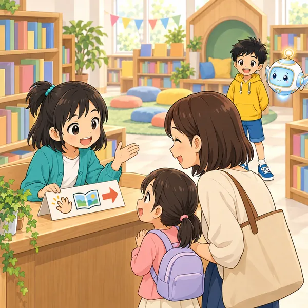 静かな図書館の受付で、ミオがメモを手もとに、にこやかにあいさつしている。