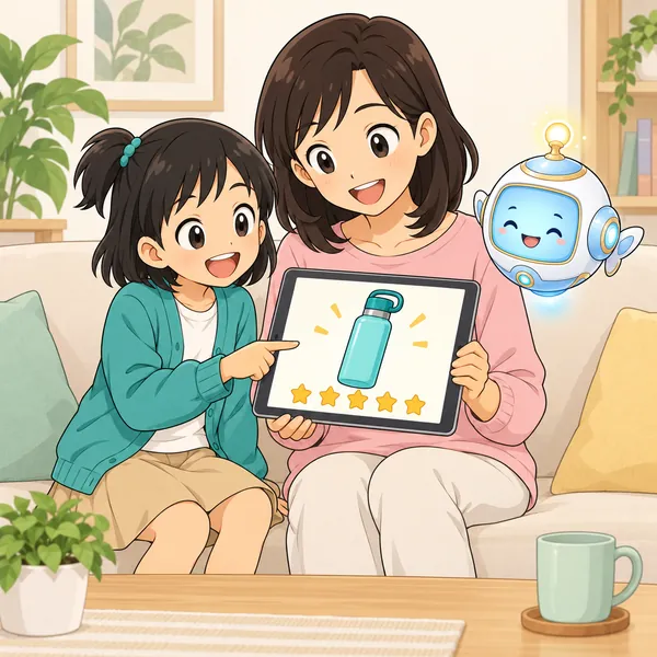 ミオが母といっしょに、水とうの口コミを見てうれしそうにしている。