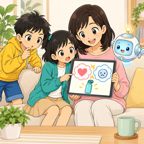 ハルがのぞきこむと、画面でハートとしかめ顔の口コミがぶつかり合っている。
