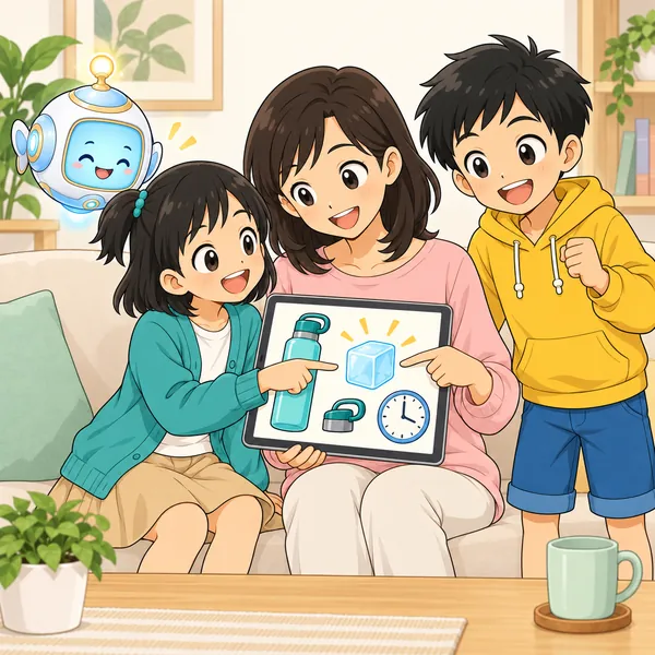 ミオと母が、氷のマークを指さして、事実の口コミを読んでいる。