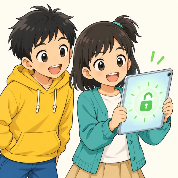 ミオがタブレットを顔の前に持つとかぎのマークが開き、ハルがとなりで見ている。