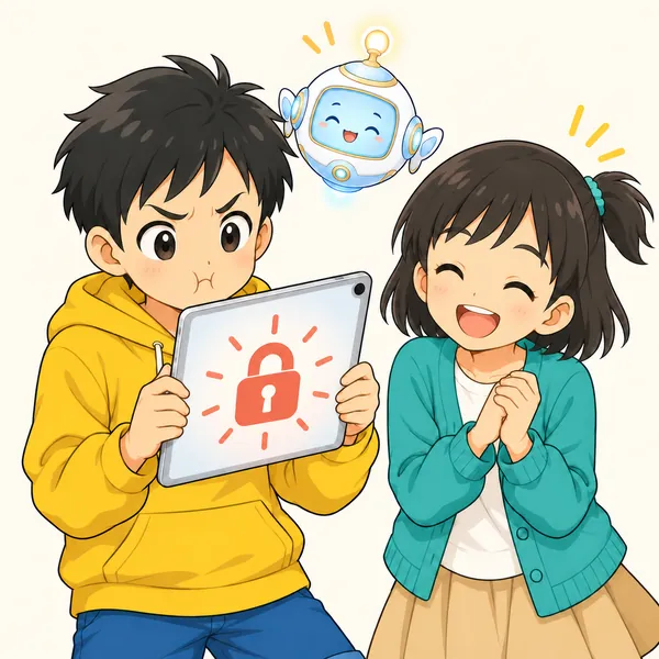 ハルが同じタブレットを顔の前に持ってもかぎが閉じたままで、ミオが笑い、AIロボットがいる。