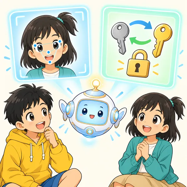 AIロボットが顔の目・鼻・口を点と線でつないだ図をうかべ、ハルとミオが見ている。