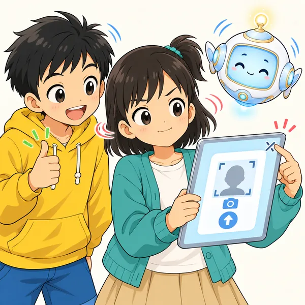 ミオが顔写真を求めるアプリの画面を閉じ、ハルとAIロボットがうなずいている。