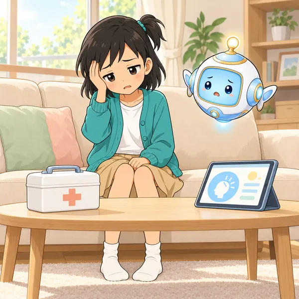 ミオが頭をおさえて、救急箱とタブレットの前にすわっている。