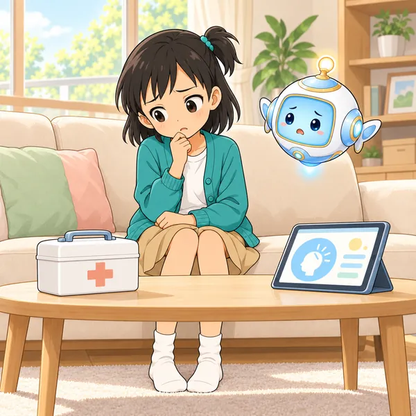 ミオが、画面と救急箱を見くらべてまよっている。
