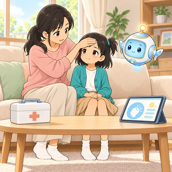 お母さんが、ミオのおでこにやさしく手を当てている。