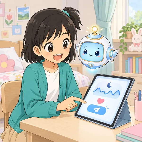 ミオがタブレットの体の記録の画面を見て、送るボタンに指を近づけている。