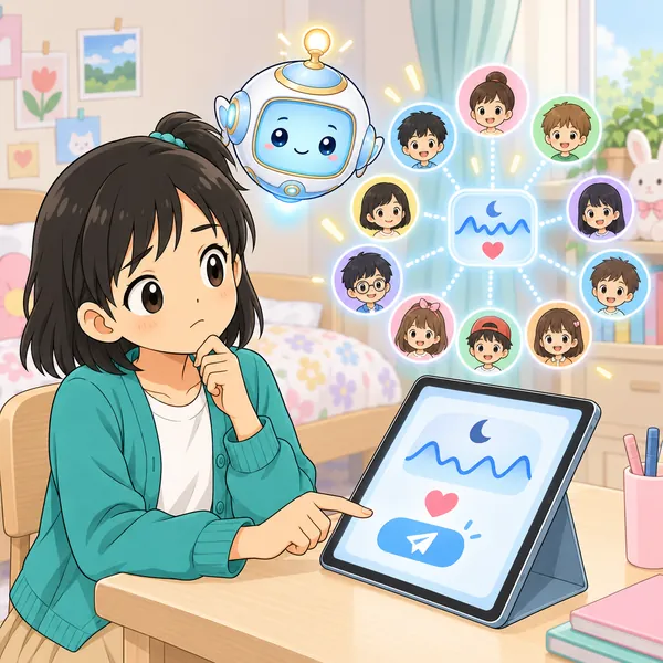 送る前に指を止めたミオの向こうに、たくさんの友だちのアイコンが見える。