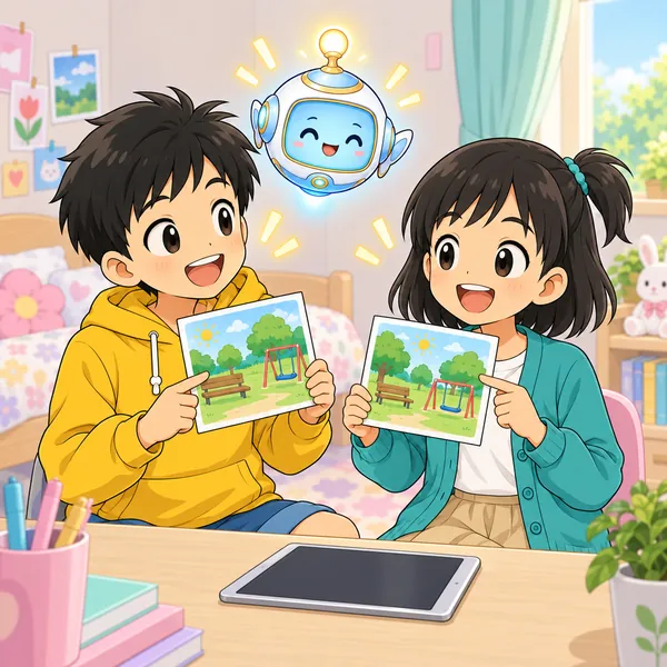 送るのをやめたミオが、ハルと公園の約束の絵を見せ合って笑っている。