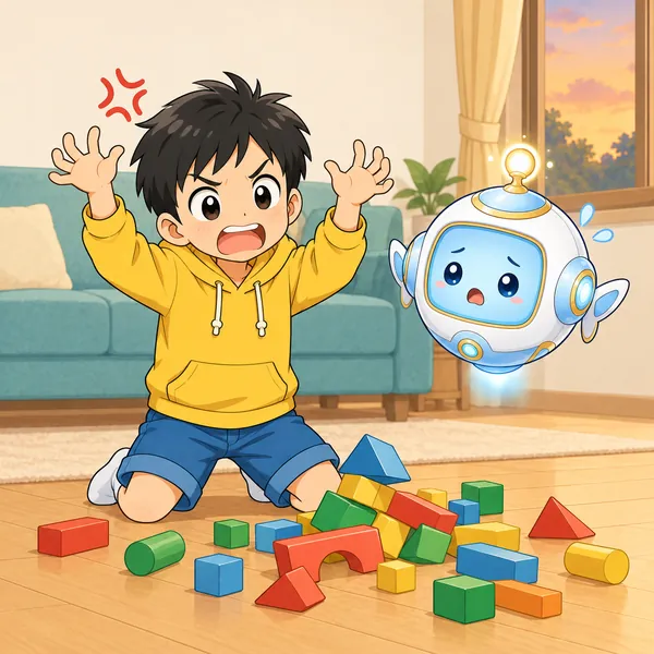ブロックのお城がくずれて、ハルがイライラしている。