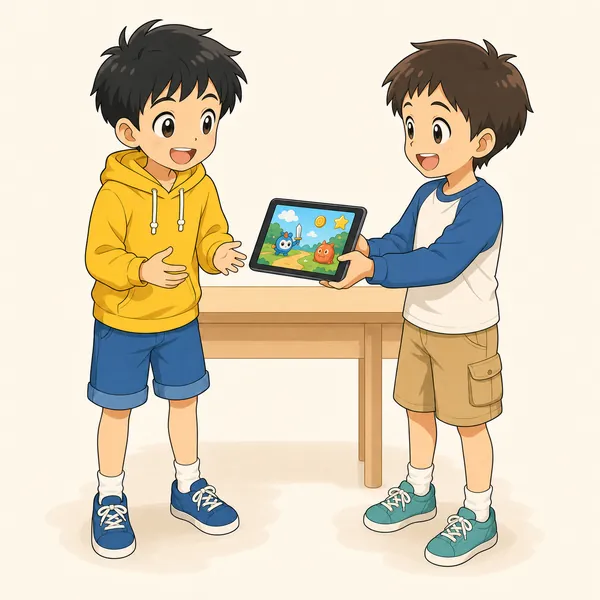 別の小学生の友だちが、ハルにタブレットを差し出して「一回だけ貸すね」という様子で、ゲームのアカウントを貸している