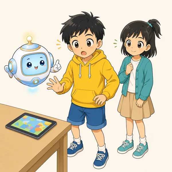 アイがハルのそばに浮かんで、約束を守るようにやさしく諭す