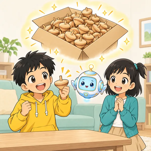 ハルが手作りの木のコマを持ち、たくさん作る想像をして目をかがやかせている。