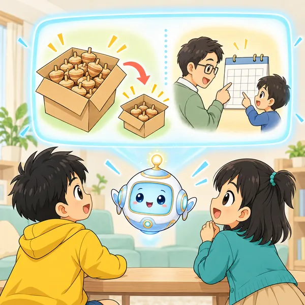 AIロボットが、大きな箱が小さく縮む絵と、大人と返し方を決める絵を窓に見せている。