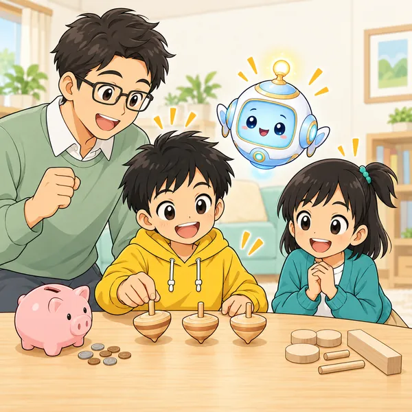 ハルが手持ちのコインと材料で作った3つのコマを並べ、父が見守っている。