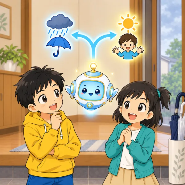 AIロボットが、雨雲とかさ・太陽と手ぶらに分かれる道の矢印の絵をうかべている。