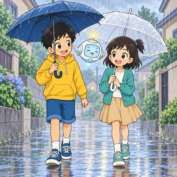 雨の中、ハルとミオがかさを広げて歩き、ほっとした顔をしている。