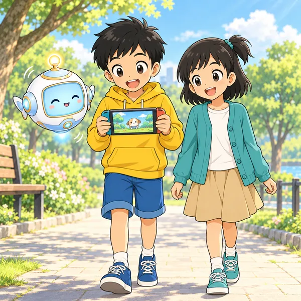 晴れた日の公園で、手ぶらのハルがゲーム機の画面を見て何かに気づいた顔をしている。