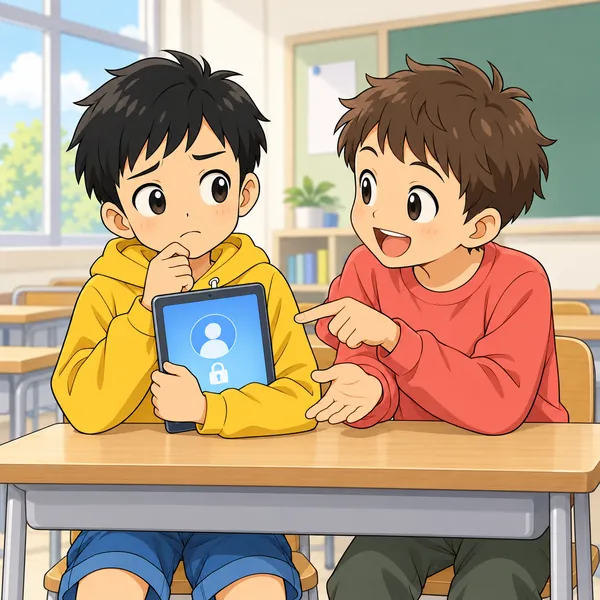 教室。友だちの男の子が「ちょっとだけ貸して」と、ハルにログイン情報を教えてほしそうにしている
