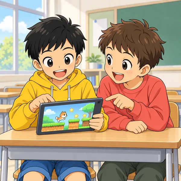 ハルが自分の端末で友だちと一緒に遊んでいる