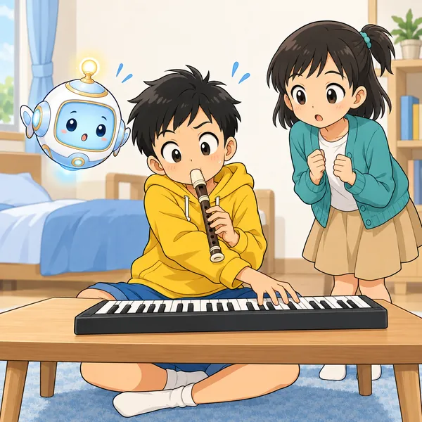 ハルがたて笛とおもちゃのキーボードを同時にひこうとして、手がからまってあわてている。