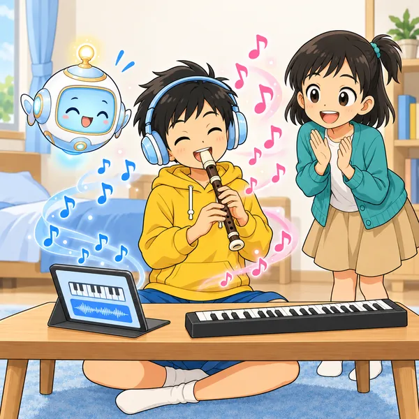 ヘッドホンをしたハルがたて笛をふき、ミオが拍手している。