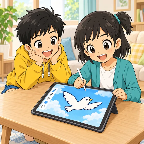 ミオがタブレットのお絵かきアプリで青い空と鳥の絵を描き、ハルが見ている。