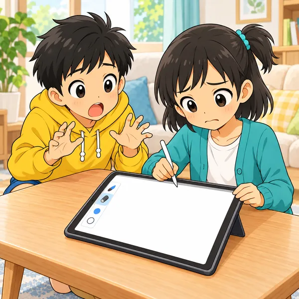 タブレットの絵が真っ白に消え、ミオががっかりしている。