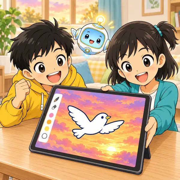 夕焼けの空と鳥の絵をミオが見せ、ハルが笑っている。