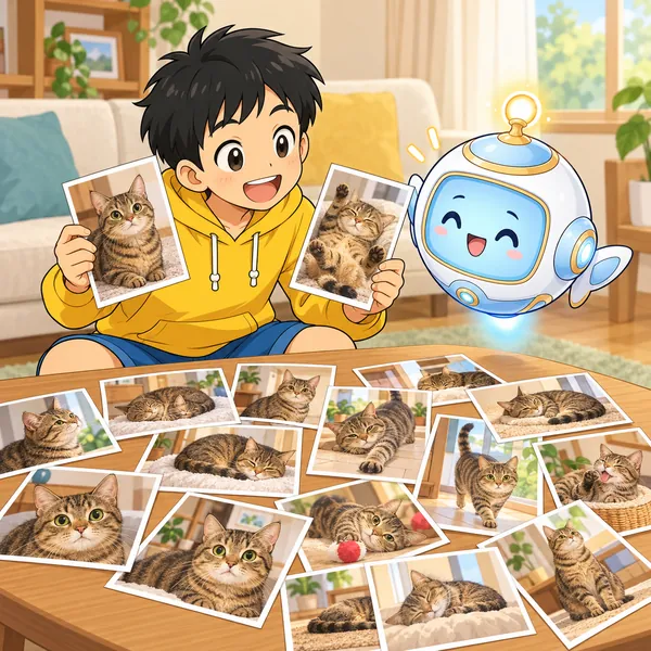 リビングで、ハルが家の茶色いしましまのねこの写真をたくさんAIロボットに見せている。