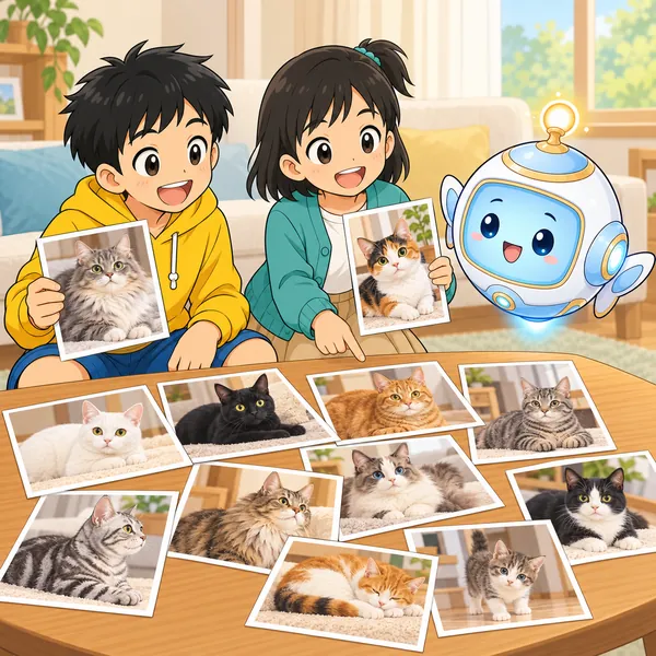 ミオとハルが、白・黒・三毛・長い毛など、いろいろなねこの写真をAIロボットに見せている。