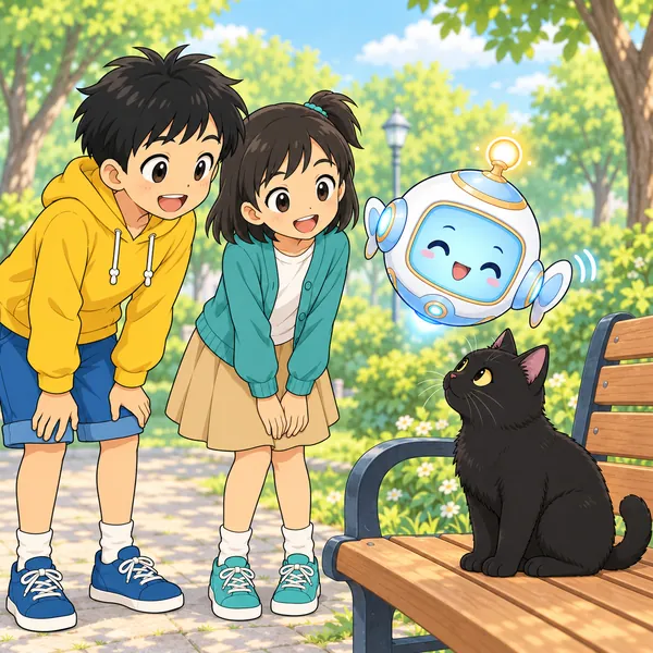 公園で、AIロボットが黒いねこに手をふり、ハルとミオが笑顔で見守っている。