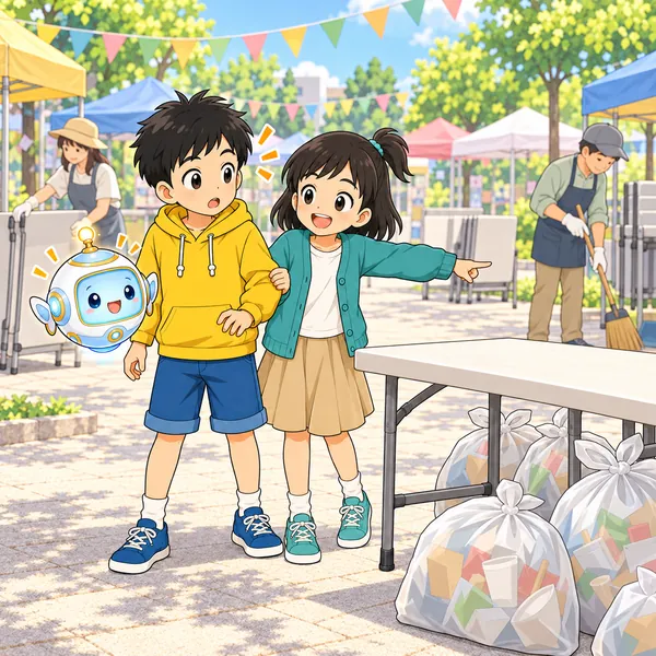ミオが、借りた机とごみがそのままだと指さしている。