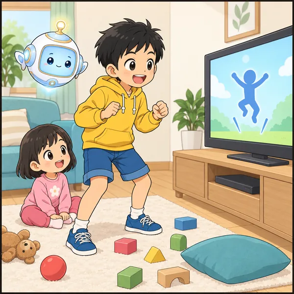 リビングで、ハルが体を動かすゲームを始めようとしているが、足もとにおもちゃがあり、すぐうしろに妹がいる。